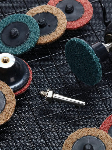 92-Piece 2-Inch Sanding Discs Set With One Quarter Inch Shank Holder for Die Grinder, featuring various grit colored discs.