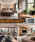 Collage of rooms with Ultra Quiet Floor And Wall Register Booster Fan, showcasing comfort in bedroom, office, living room.