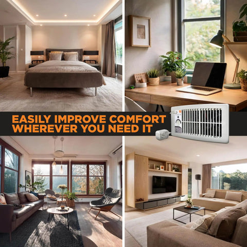 Collage of rooms with Ultra Quiet Floor And Wall Register Booster Fan, showcasing comfort in bedroom, office, living room.