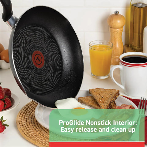 Nonstick Handy Pot With Glass Lid 3 Quart Oven Safe To 350F Dishwasher Safe Black Cookware Pot With ProGlide Nonstick Interior showing easy cleanup with breakfast scene