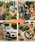 Collage showing Easy Rewind Retractable Garden Hose Reel With Wall Mount, One Hundred Foot Five Eighth Inch Hose, Nine Function Sprayer Nozzle in use for gardening, washing a car, and cleaning a bicycle.