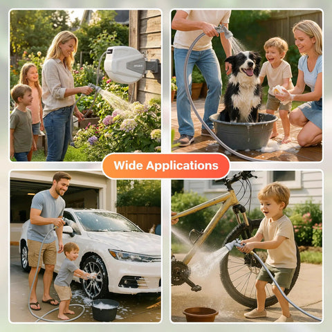 Collage showing Easy Rewind Retractable Garden Hose Reel With Wall Mount, One Hundred Foot Five Eighth Inch Hose, Nine Function Sprayer Nozzle in use for gardening, washing a car, and cleaning a bicycle.