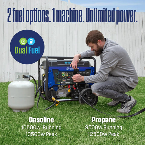 Man using Dual Fuel Portable Generator With Remote Start Transfer Switch Ready Gas Or Propane Powered Backup Power 13500 Peak Watts 10500 Running Gas 12500 Peak 9500 Running Propane Up To Nineteen Hours On A Nine Point Five Gallon Tank With GFCI 120V Outlets