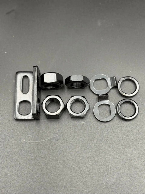 M16 Torque Arms For Electric Wheel Hub Motors, Slotted Axle Nut Hardware Kit, Corrosion Resistant Black Painted Steel, Includes Locking Nuts, Compatible With QS, Yuma, And Sotion Hub Motors on gray background