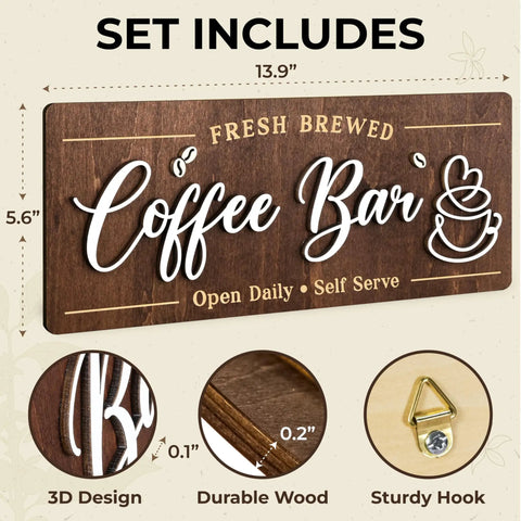 Cozy Coffee Bar Wall Sign For Kitchen And Cafe Decor Vintage Farmhouse Cafe Sign with 3D design on durable wood, 14x5.6 inches