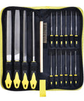 Pro Grade Metal File Set With 12 Needle Files And Storage Bag Including Large Flat Half Round Triangle And Round Files Plus Steel Brush For Woodworking Metalworking Leather And Plastic Durable Carbon Steel Long Lasting Sharpening visible in open storage bag