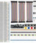 All In One Electronics Prototyping Starter Kit with 830 Point Breadboard and Type-C Power Supply, jumper wires, LEDs, and sensors