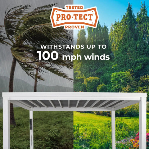 Windham 14 Ft By 12 Ft Modern Galvanized Steel Pergola Kit demonstrating high wind resistance with 100 mph wind rating imagery