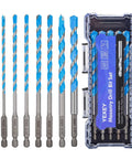 YEXEY masonry drill bit set, 7-piece with blue-tipped tungsten carbide tips and hex shanks in clear case (front view)