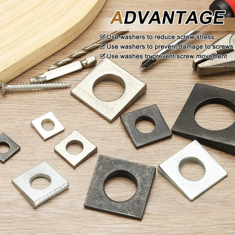 Beveled Square Washers Set For M8 Bolts, 10 Pieces, Carbon Steel, assorted sizes displayed with tools and wood backdrop.