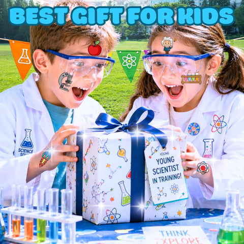 Kids with science-themed temporary tattoos excitedly opening gift, wearing lab coats and glasses. Outdoor science-themed party.