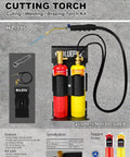 Oxypropane Welding Gas Cutting Torch Kit With Flint Lighter And Cylinder Holder Rack For Jewelers And HVAC Pros Pro Grade Brazing Soldering Map Gas Torch Set Heavy Duty Brass Fittings shown with stand, two tanks, and connected torch.