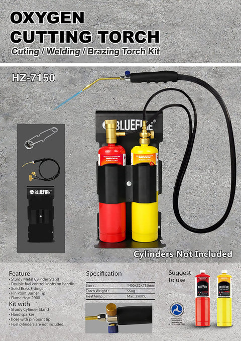 Oxypropane Welding Gas Cutting Torch Kit With Flint Lighter And Cylinder Holder Rack For Jewelers And HVAC Pros Pro Grade Brazing Soldering Map Gas Torch Set Heavy Duty Brass Fittings shown with stand, two tanks, and connected torch.