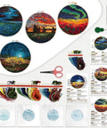 Beginner Embroidery Starter Kit With Pattern Pack And Hoop, All In One DIY Set For Adults, showing contents including cloths, hoop, tools.