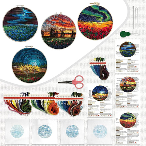 Beginner Embroidery Starter Kit With Pattern Pack And Hoop, All In One DIY Set For Adults, showing contents including cloths, hoop, tools.