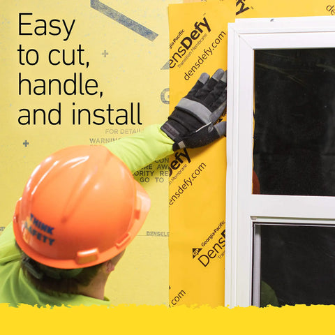 Worker installing Transition Membrane Flashing Tape 6-Inch By 75-Foot Self-Adhesive Moisture And Air Barrier on window frame.