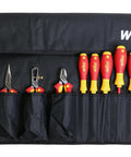Beefed Up Insulated Industrial Pliers And Drivers Kit In Roll Out Pouch With Long Nose Pliers, Pro Grade Combo Pliers, Diagonal Cutters, Stripping Pliers, Slotted And Phillips And Square Bits For Work, Individually Tested To Ten Thousand Volts AC in black roll-out pouch.