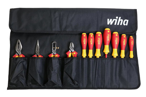 Beefed Up Insulated Industrial Pliers And Drivers Kit In Roll Out Pouch With Long Nose Pliers, Pro Grade Combo Pliers, Diagonal Cutters, Stripping Pliers, Slotted And Phillips And Square Bits For Work, Individually Tested To Ten Thousand Volts AC in black roll-out pouch.