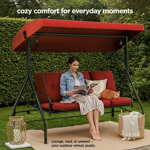 Three Seat Patio Swing With Canopy For Backyard Or Porch Convertible Glider Bed Thick Removable Cushions And Pillows Easy Setup