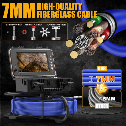 Heavy Duty 165 Ft Self Leveling Sewer Camera With 9 Inch HD Screen, featuring a 7mm fiberglass cable for effective pipe inspection.