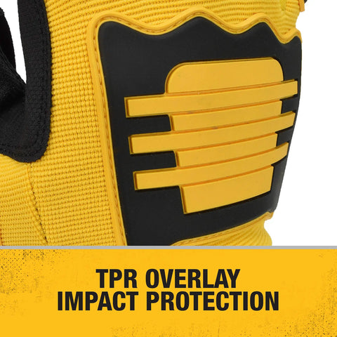 Close-up of Rugged Mechanic Work Gloves With TPR Impact Protection And Anti Slip Grip, showing TPR back armor, Size X Large.