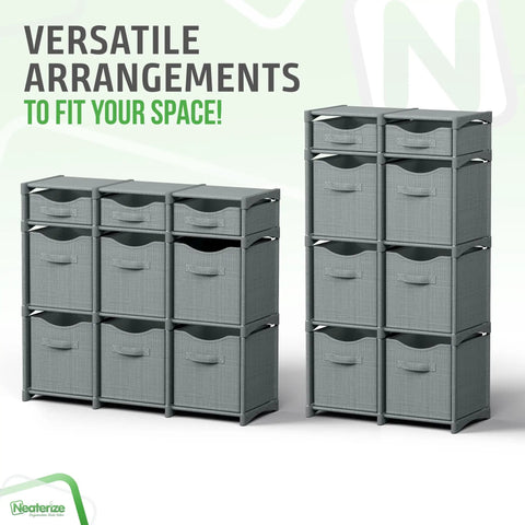 Nine Cube Storage Organizer With Bins Included For Toy Storage Closet Storage And Clothes Storage Grey All In One Cabinet System With Nine Cubes And Cabinet Space Saving Design Easy Build And Kid Friendly Organization, showing two arrangements of the organizer.