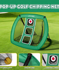 Grab-And-Go Portable Golf Chipping Net Set with distinct target areas for indoor outdoor practice, collapsible net in green.