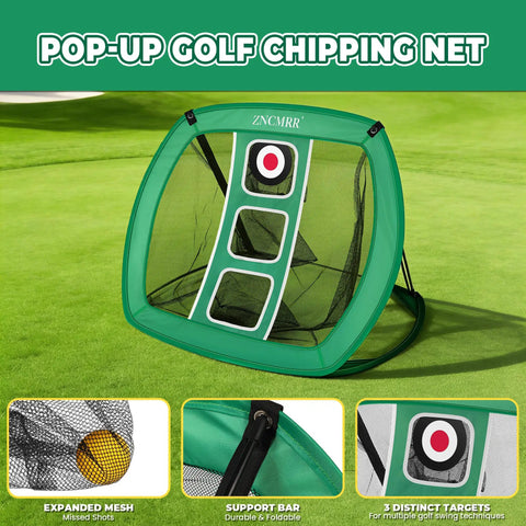 Grab-And-Go Portable Golf Chipping Net Set with distinct target areas for indoor outdoor practice, collapsible net in green.
