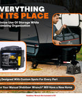 Complete Two Axle Travel Trailer Leveling And Stability Kit With Hitch Stand and Storage Bag shown organized
