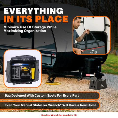 Complete Two Axle Travel Trailer Leveling And Stability Kit With Hitch Stand and Storage Bag shown organized