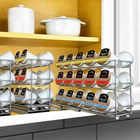 Slide Out Coffee Pod Holder And K Cup Organizer For Narrow Cabinets, Slim Pull Out Rack Keeps 30 Pods Stocked, Chrome Finish