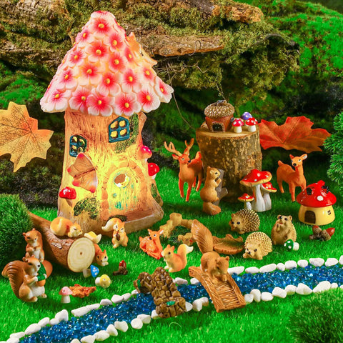 Totally Adorable Miniature Squirrel Garden Accessories Set With 19 Pieces Resin Squirrels Mushrooms Bridge Lighthouse Water Well And Pond