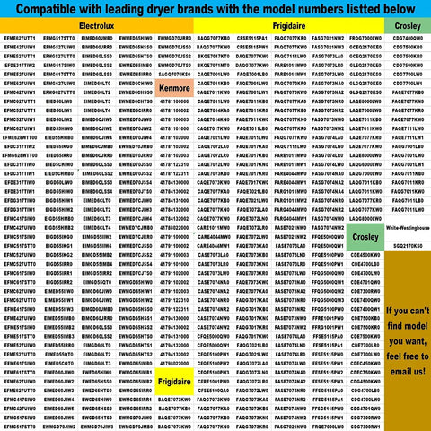 List of compatible dryer model numbers for Electrolux, Frigidaire, Kenmore, and Crosley shown in a grid format.