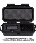 Rugged Waterproof Thermal Imaging Camera Case with open lid showing custom foam interior for FLIR One Pro, cables, accessories.