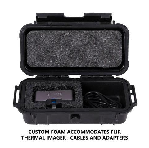 Rugged Waterproof Thermal Imaging Camera Case with open lid showing custom foam interior for FLIR One Pro, cables, accessories.