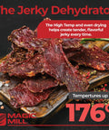 Pro Food Dehydrator With 600W Rear Fan For Even Drying 7 Stainless Steel Trays Temperature Control From 95 To 176 F 48 Hour Timer Keep Warm Auto Shutoff ETL Listed displaying jerky on wooden board