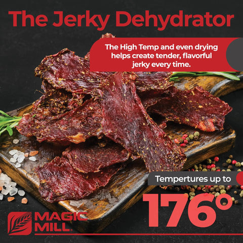 Pro Food Dehydrator With 600W Rear Fan For Even Drying 7 Stainless Steel Trays Temperature Control From 95 To 176 F 48 Hour Timer Keep Warm Auto Shutoff ETL Listed displaying jerky on wooden board