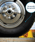 Camper/RV wheel chock, 2-pack; yellow molded plastic under a trailer tire (for tires up to 26 inches)