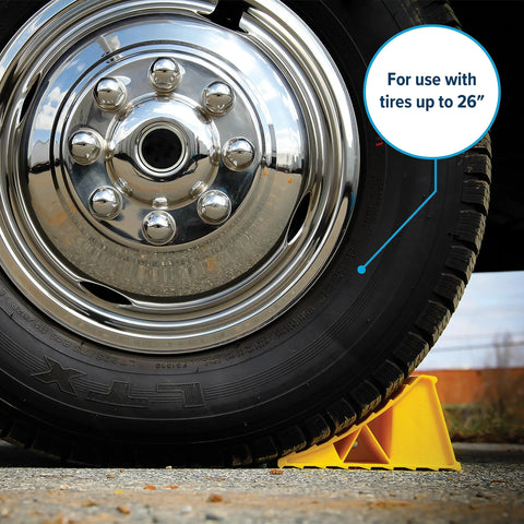 Camper/RV wheel chock, 2-pack; yellow molded plastic under a trailer tire (for tires up to 26 inches)