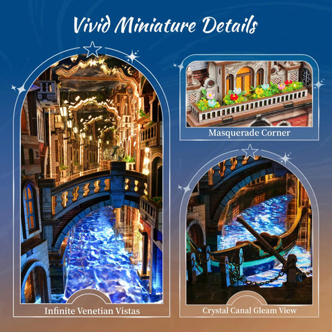 Lit Venice Night Starlit Book Nook Kit With LED 3D Wood Puzzle And Infinity Mirror showcasing detailed Venetian vistas