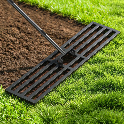 Beast Of A Heavy Duty Lawn Leveling Rake With 77 Inch Adjustable Handle shown leveling soil in a garden.