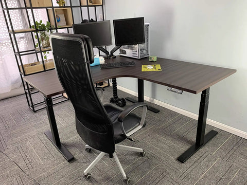 Vwine Vj301 L Shaped Electric Height Adjustable Standing Corner Desk Frame With Triple Motor Steel Base and Digital Memory Keypad in black