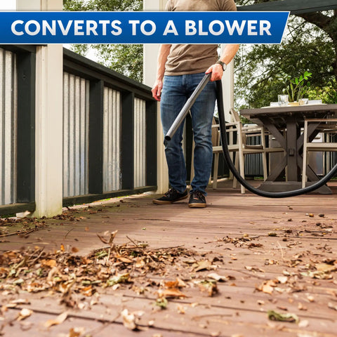 Person using 4 Gallon Wet Dry Vacuum With 5 Peak HP Two Stage Industrial Motor Workhorse Shop Vacuum For Home Garage as a blower on deck