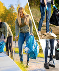 32-inch blue foldable grabber/reacher tool for picking up trash, shown in use to lift bags and litter.
