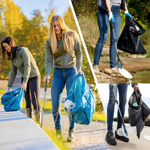 32-inch blue foldable grabber/reacher tool for picking up trash, shown in use to lift bags and litter.