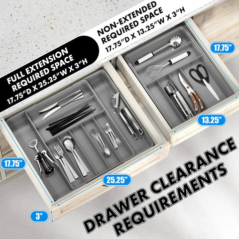 Expandable Kitchen Drawer Flatware Organizer Gray, Adjustable Cutlery Tray With 9 Compartments For Utensils And Silverware installed in drawer