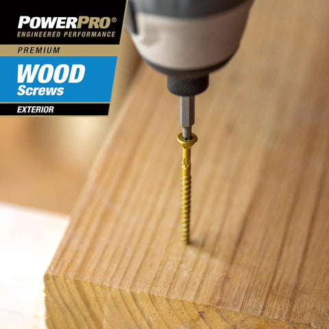 Premium Bronze Wood Screws Killer Grip And No Sweat Installation For Heavy Duty Decking And Outdoor Projects Rust Resistant Ceramic Coating Self Starting Tip Two Half Inch 50 Pack being driven into wood.