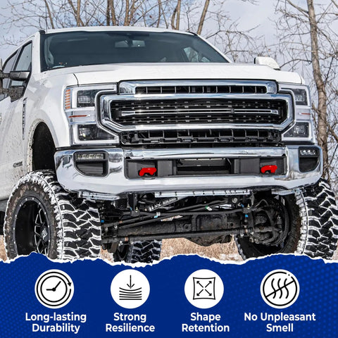 Ford Super Duty truck with Red Silicone Front Tow Hook Covers For Ford Super Duty F250 F350 F450 2017-2026, Flush Fit Design