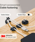 Under Desk Cable Management Tray Set Of 2 With 10 Cable Ties installed with cable clips and strips using 3M adhesive on wooden desk.