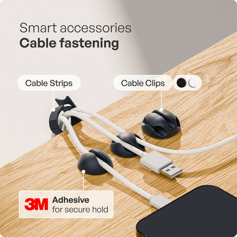Under Desk Cable Management Tray Set Of 2 With 10 Cable Ties installed with cable clips and strips using 3M adhesive on wooden desk.